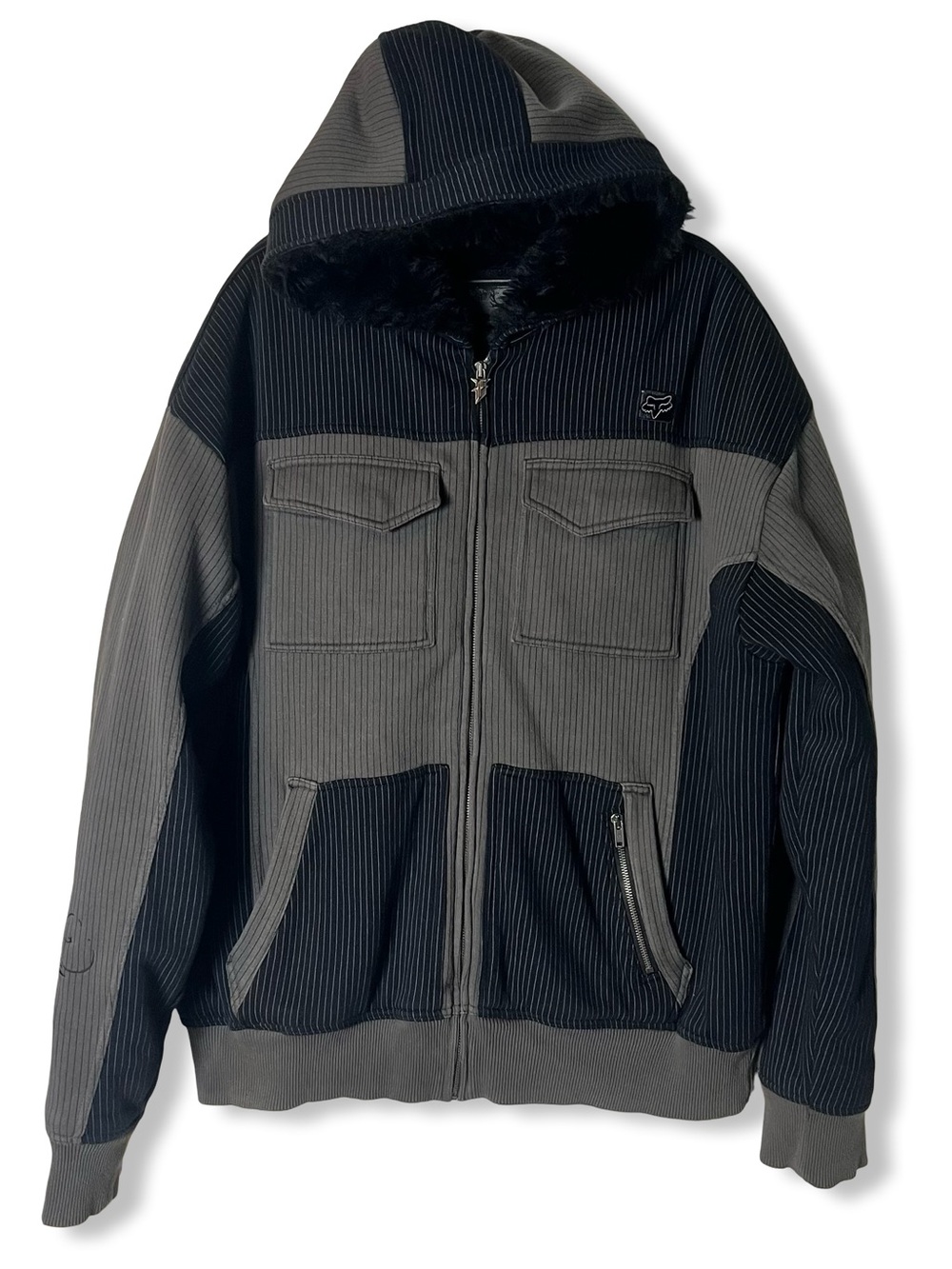 Fox Racing Sasquatch Hoody Mens Grey Black Pinstripe Fur Lined Jacket Sz XXL